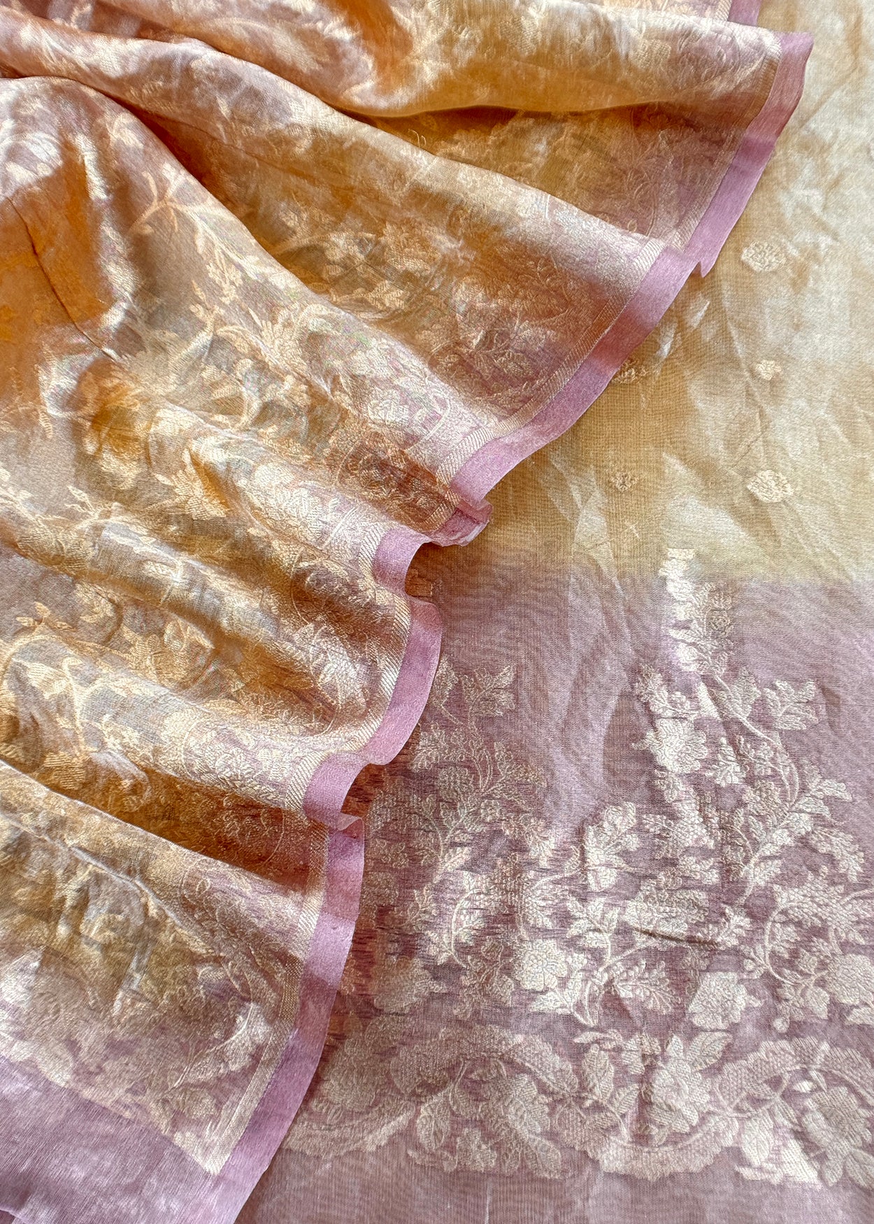 Golden Yellow Pure Tissue Silk Suit With Kadwa Weaves