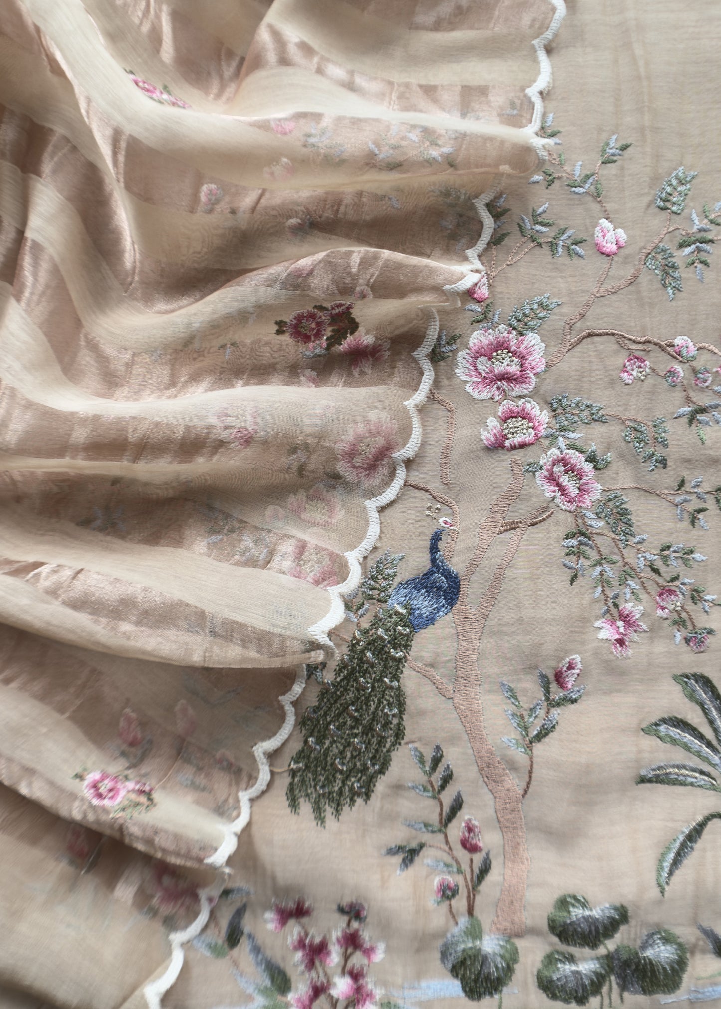 Almond beige Handloom Mul Suit with Peacock Resham Bharwa Embroidery
