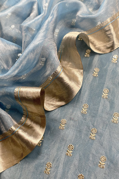 Blue Luxe Handloom Tissue Silk Unstitched Suit With Mirror Work