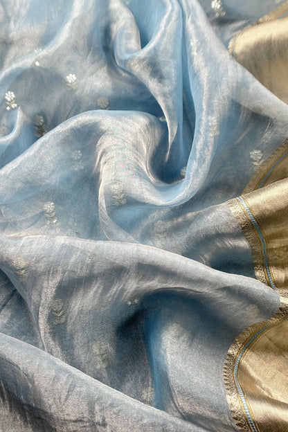 Blue Luxe Handloom Tissue Silk Unstitched Suit With Mirror Work
