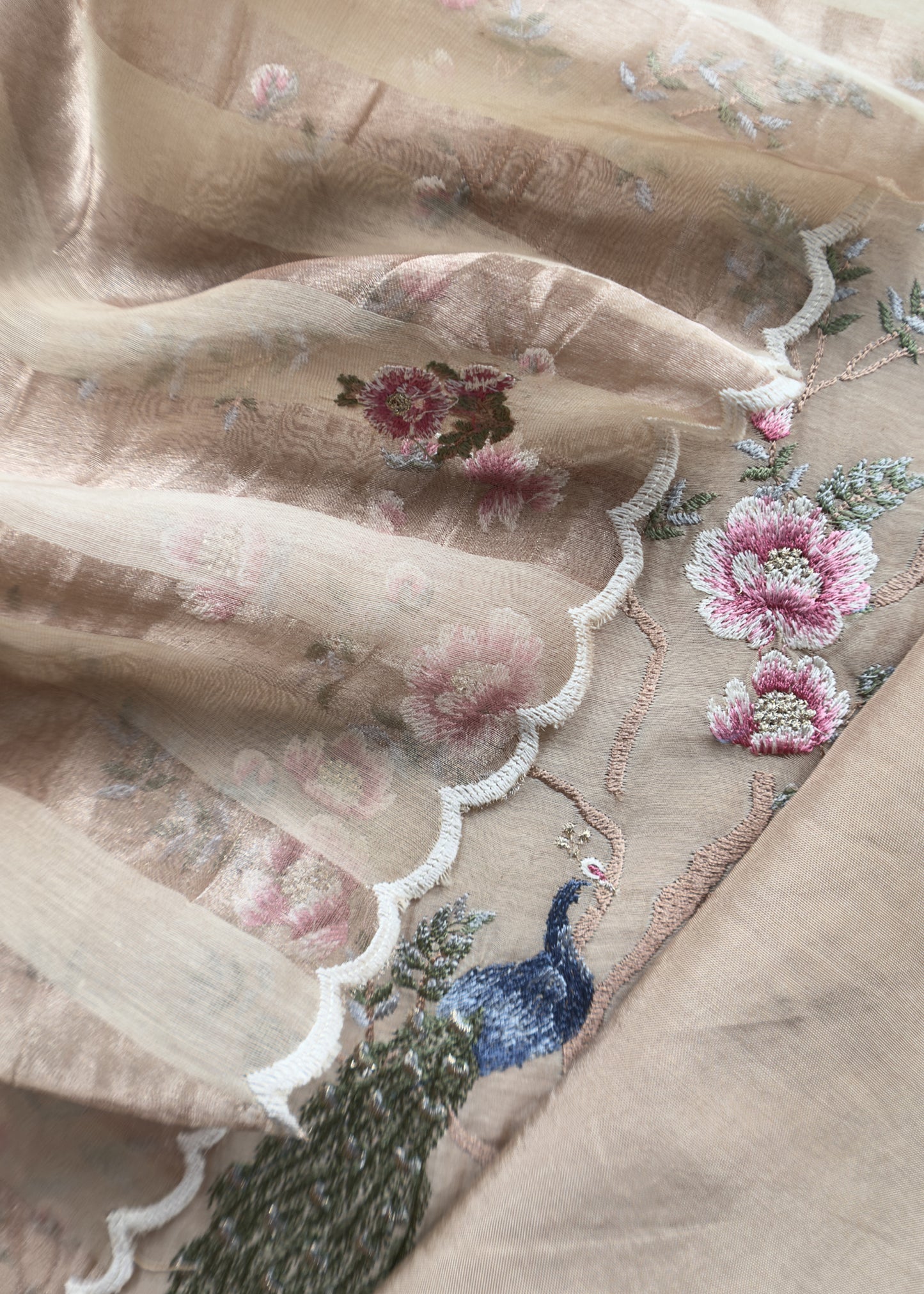 Almond beige Handloom Mul Suit with Peacock Resham Bharwa Embroidery