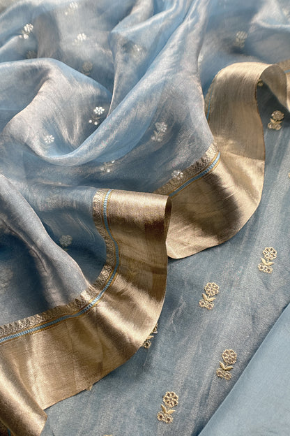 Blue Luxe Handloom Tissue Silk Unstitched Suit With Mirror Work