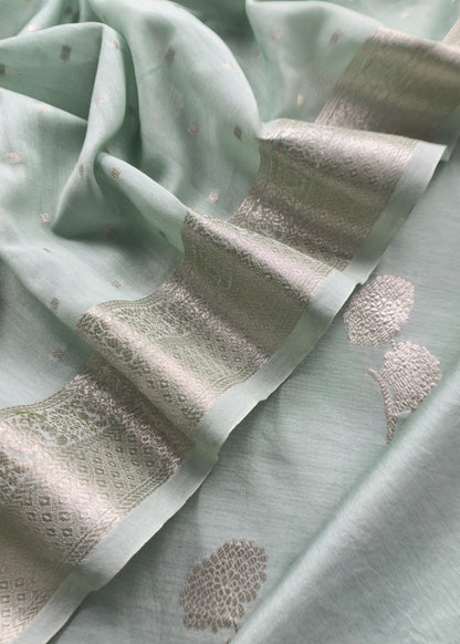 English Light Blue Pure Silk Suit with silver peonies weaving