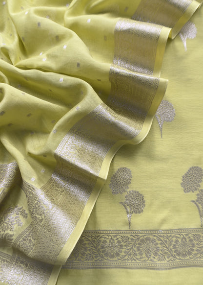 Apple Green Blue Pure Silk Suit with silver peonies weaving