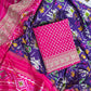Pink With Blue Saree In Handloom Silk Adorned With Handwork Laces