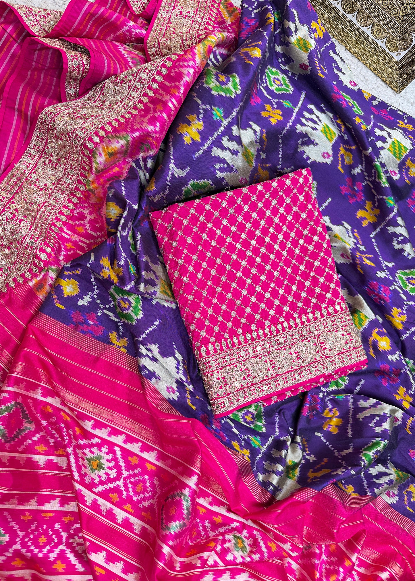 Pink With Blue Saree In Handloom Silk Adorned With Handwork Laces