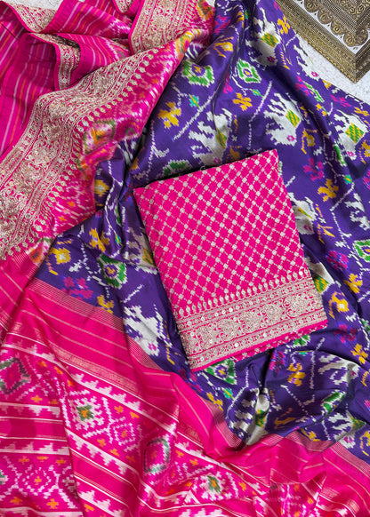 Pink With Blue Saree In Handloom Silk Adorned With Handwork Laces