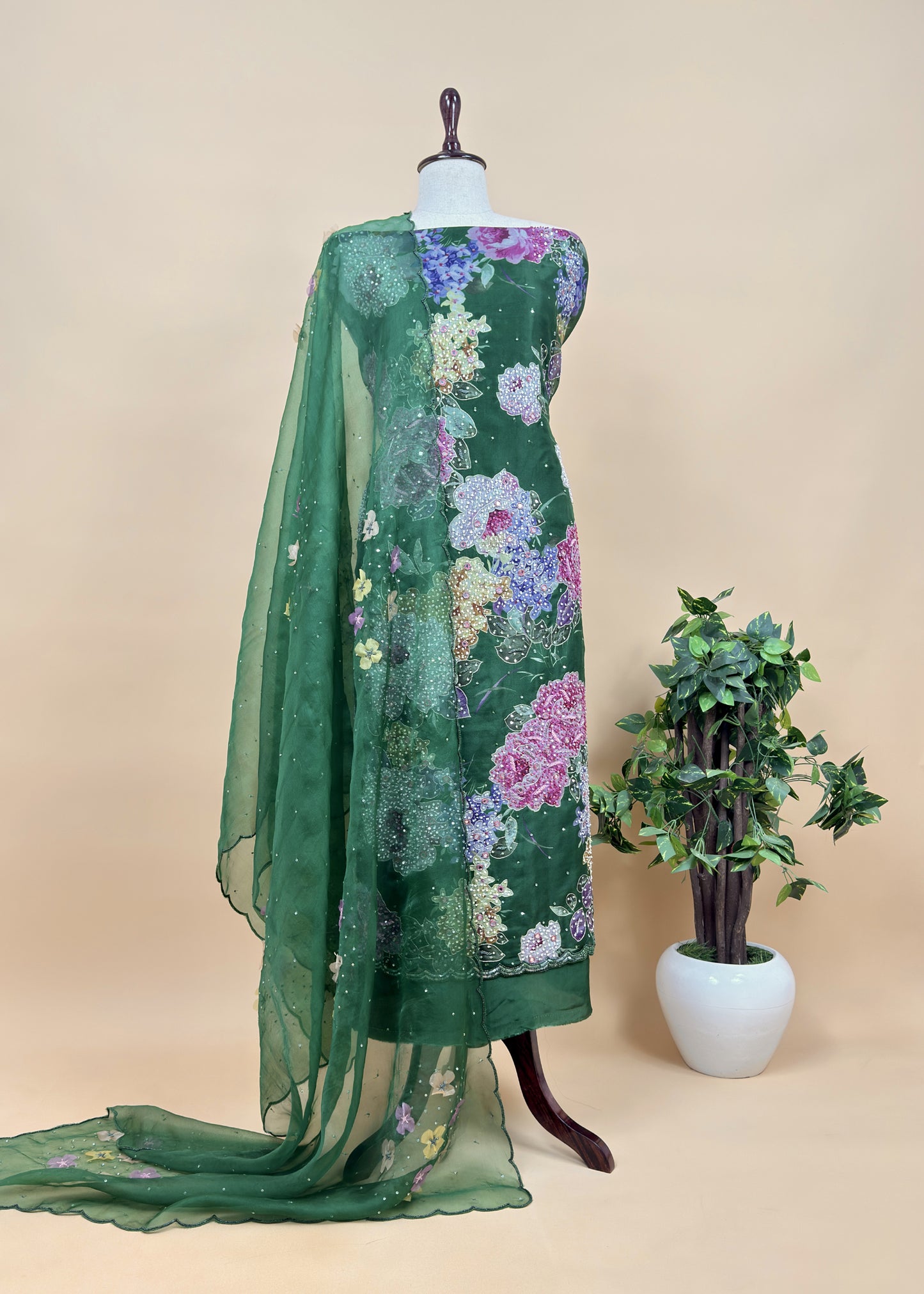 Green Crushted Organza Unstitched Suit With Dupatta