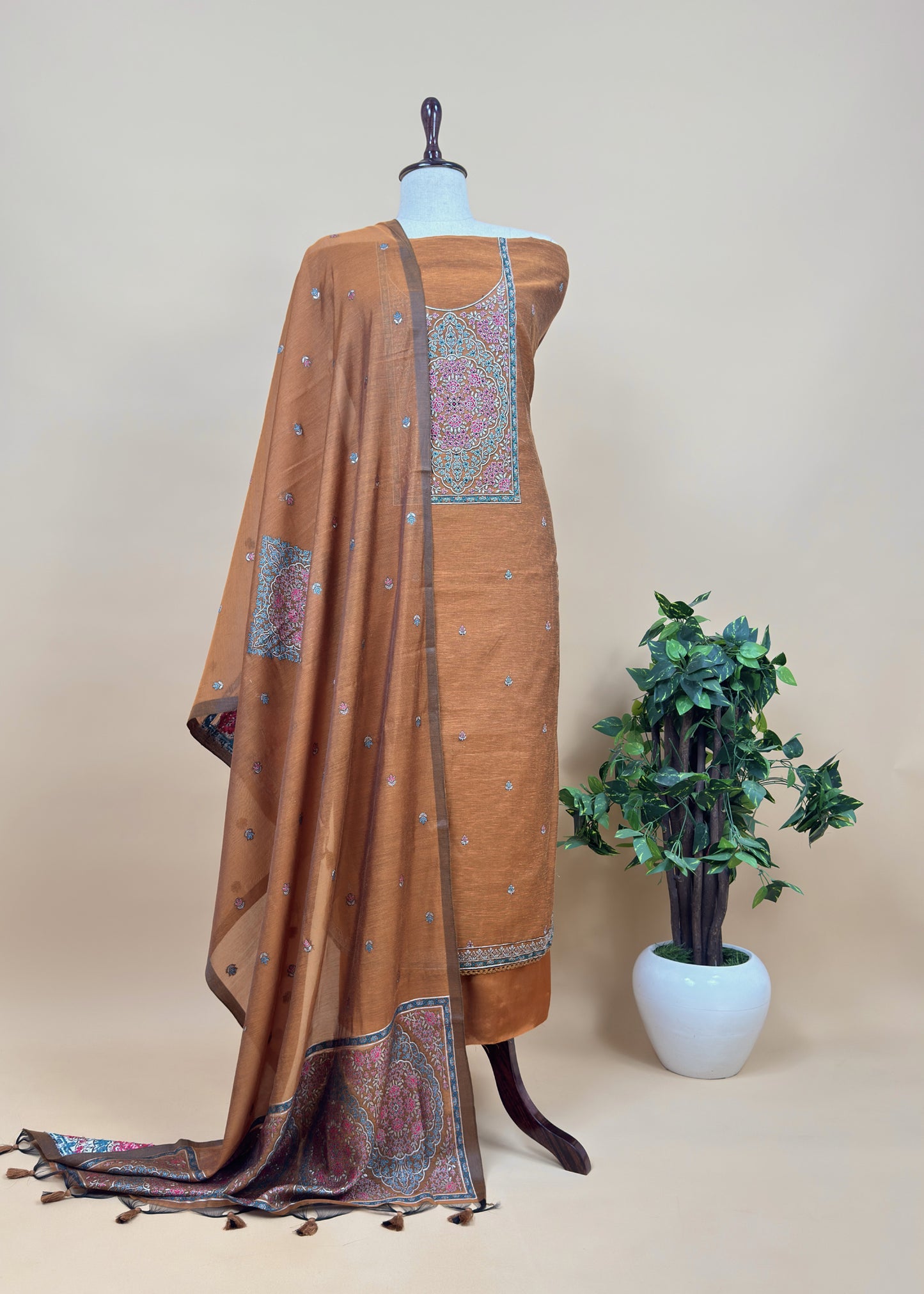 Dark Pink Linen Chanderi Suit Fabric With Jamdani Weaving And Embroidery