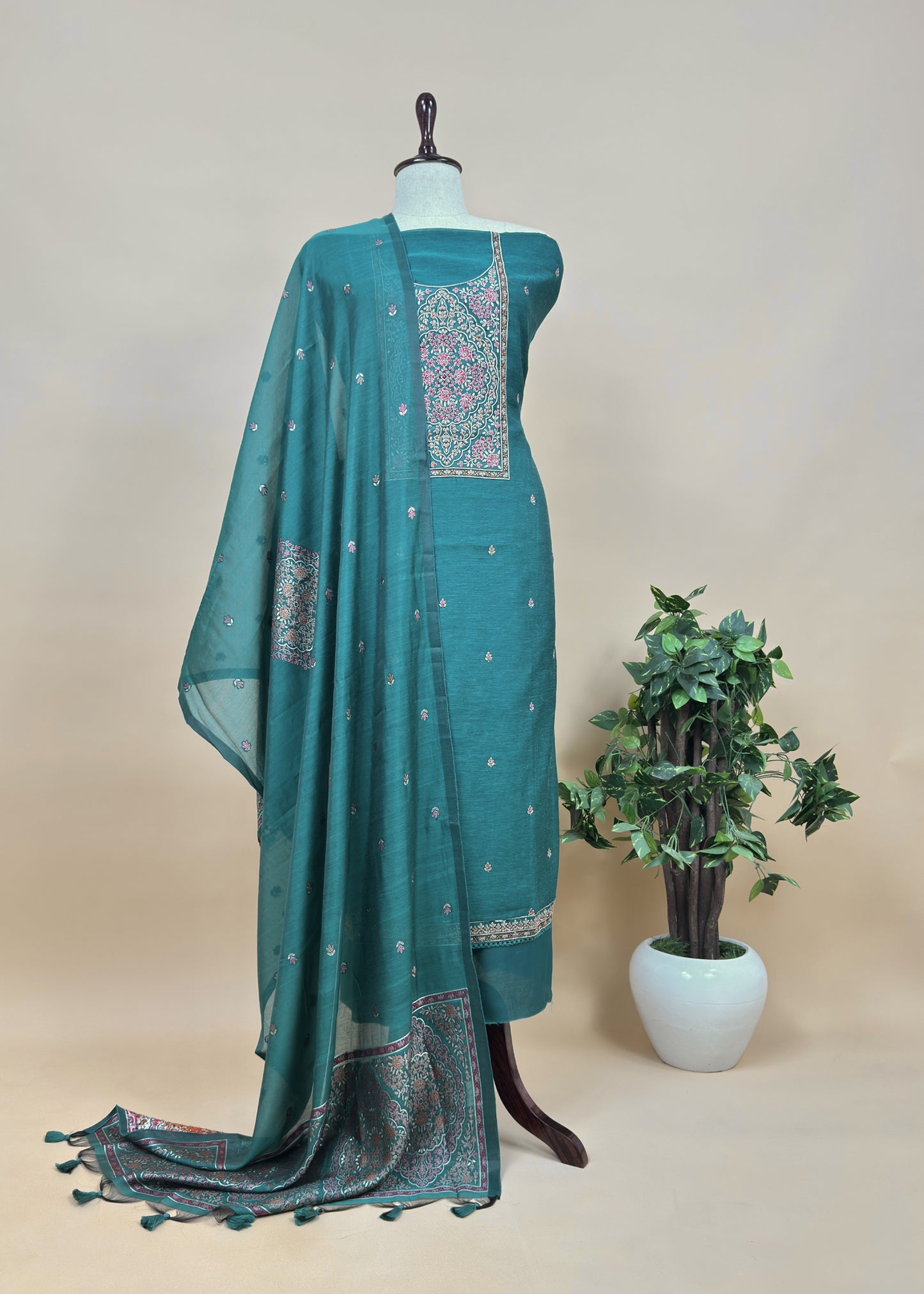 Dark Pink Linen Chanderi Suit Fabric With Jamdani Weaving And Embroidery