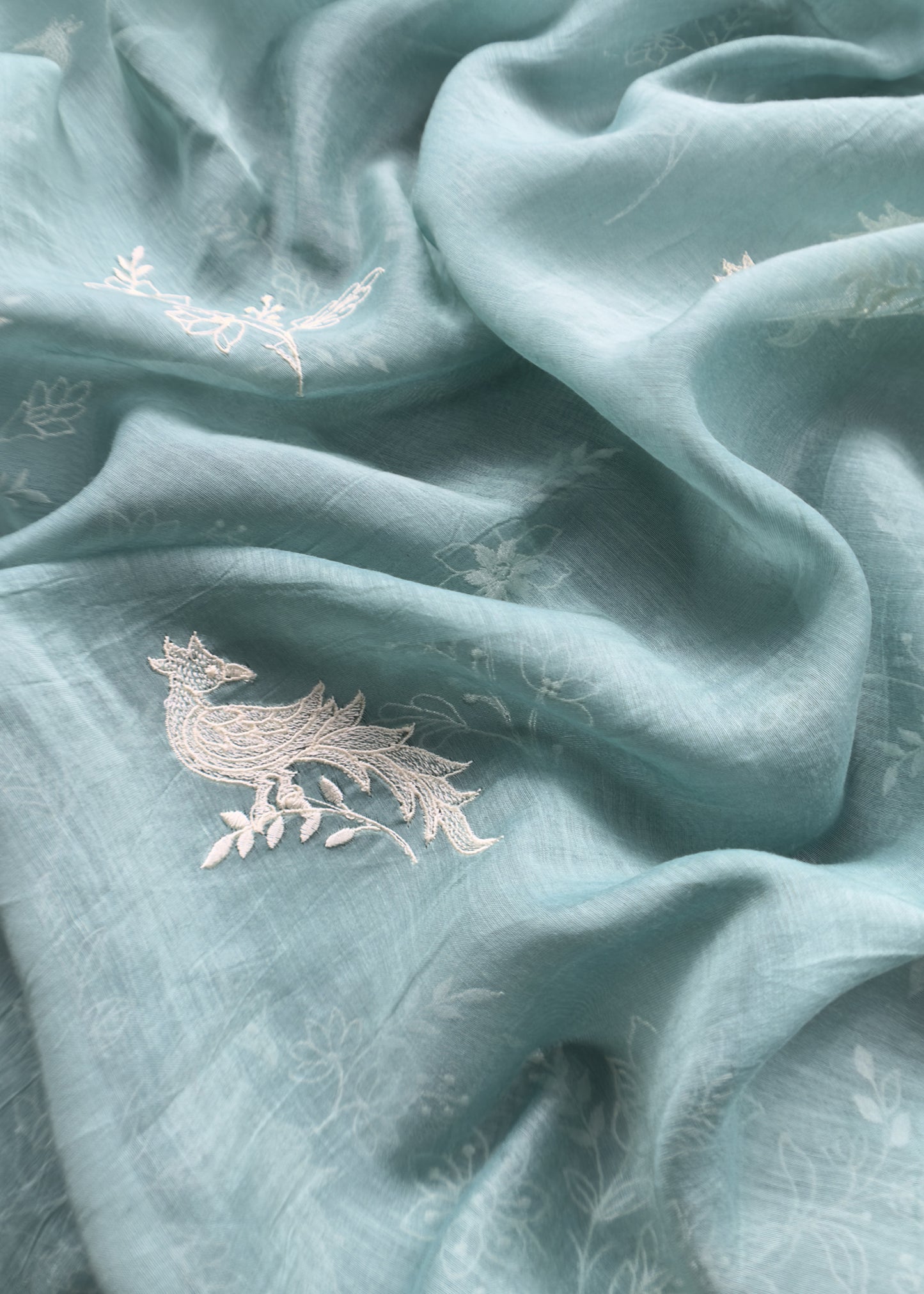 Basil Green Mul Chanderi Suit With Flamingo And Peacock Embroidery