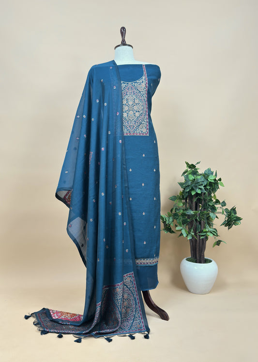 Blue Linen Chanderi Suit Fabric With Jamdani Weaving And Embroidery