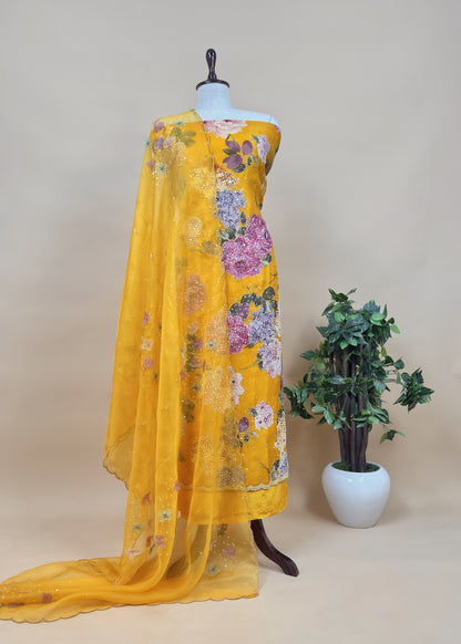 Yellow Pure Organza Unstitched Suit With Dupatta
