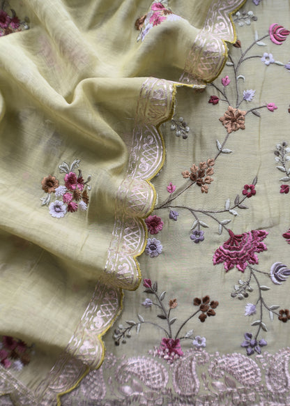 Green Pitta Embroidered Unstitched Suit in Pure Mul