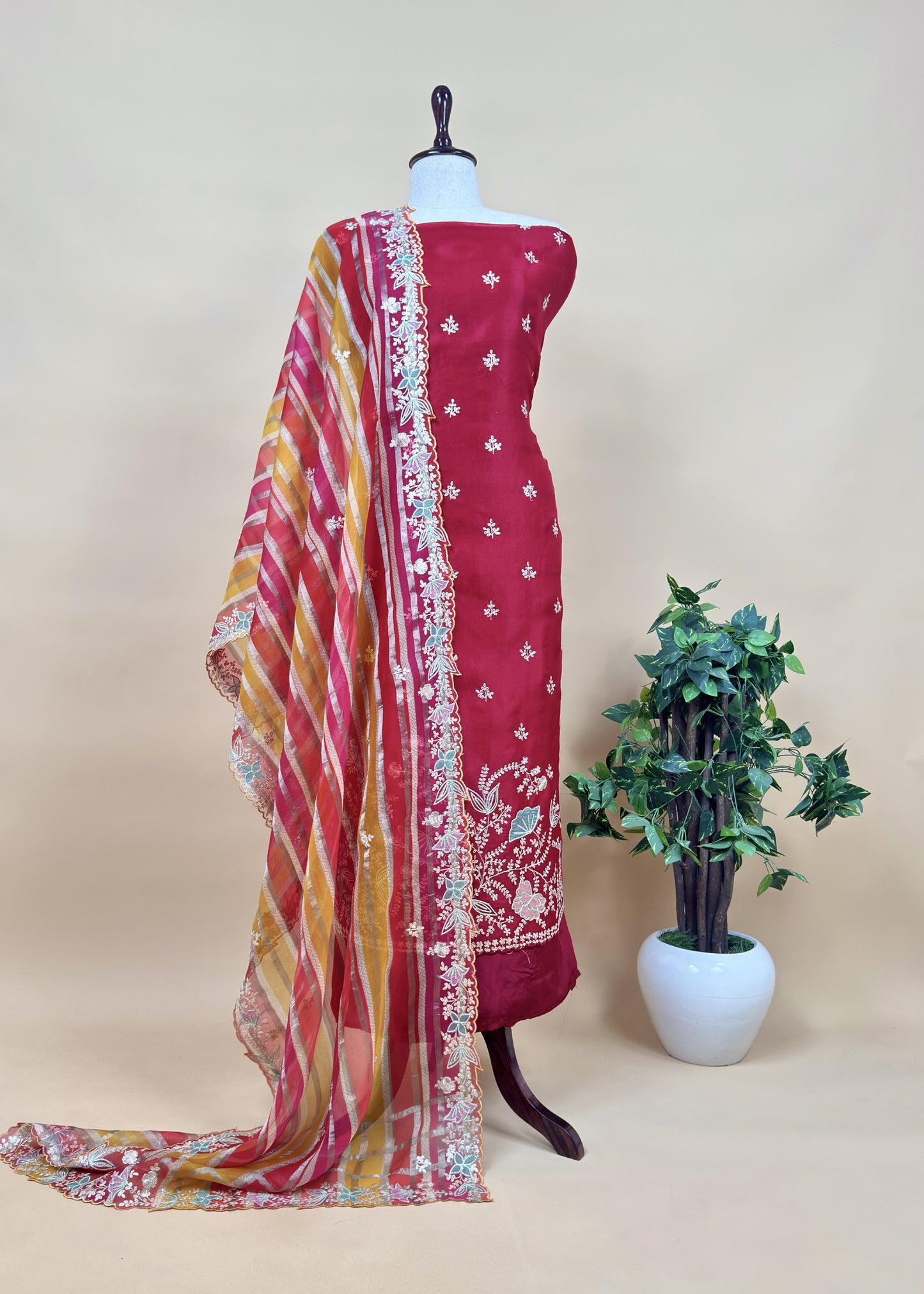 Red Kalasheel Luxe Organza Suit With Pitta Hand Work
