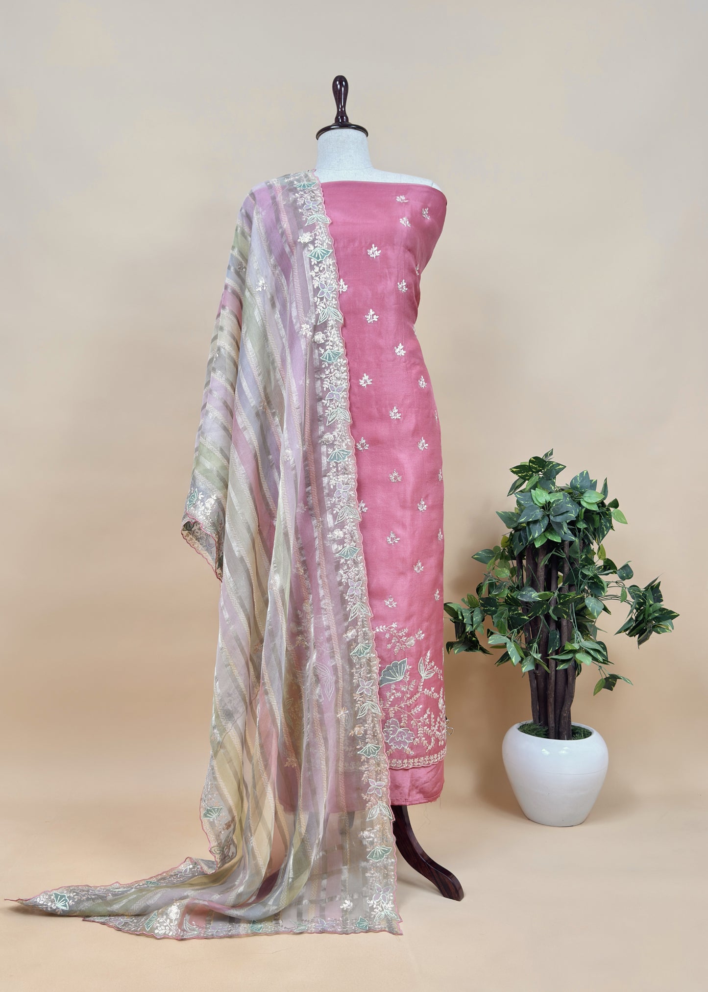 Pink Kalasheel Luxe Organza Suit With Pitta Hand Work