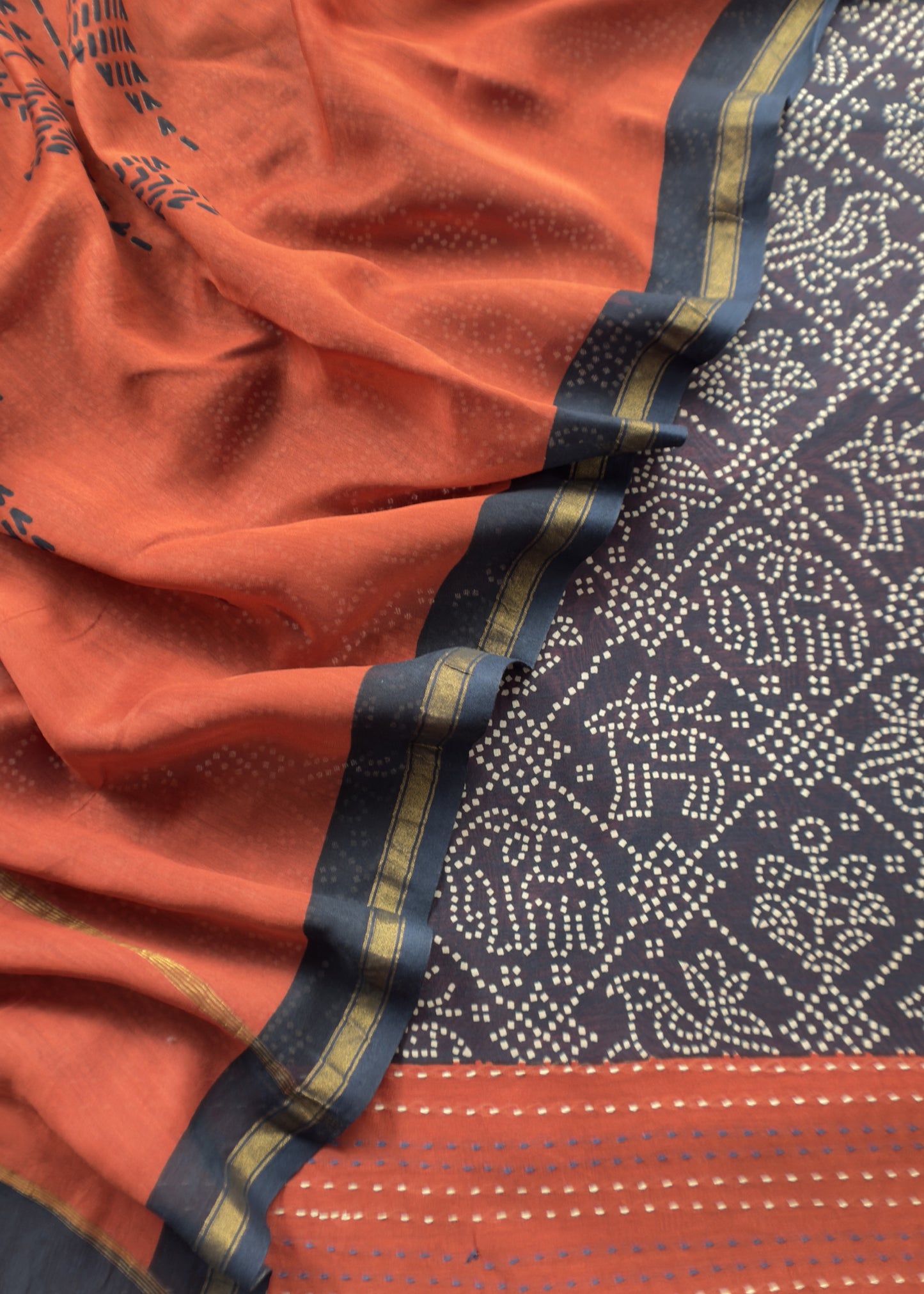 Blue With Orange Maheshwari Silk Suit With Bandhani And Kantha Work