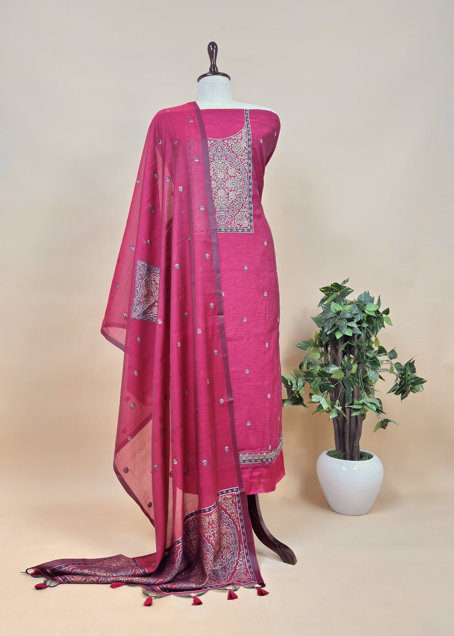Dark Pink Linen Chanderi Suit Fabric With Jamdani Weaving And Embroidery