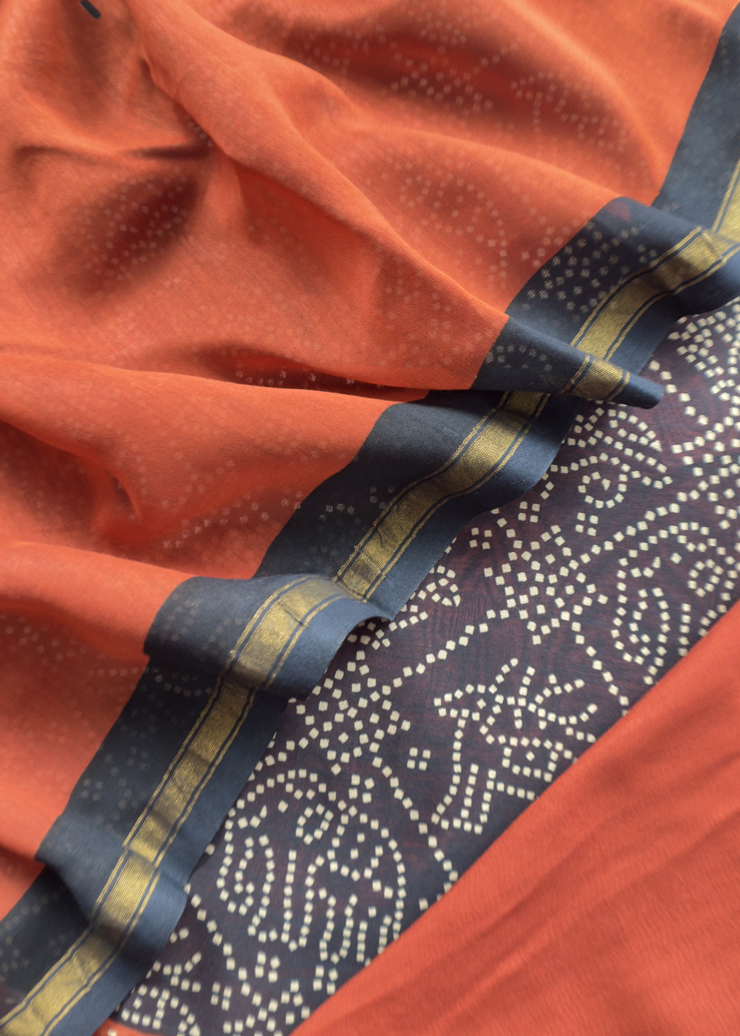 Blue With Orange Maheshwari Silk Suit With Bandhani And Kantha Work