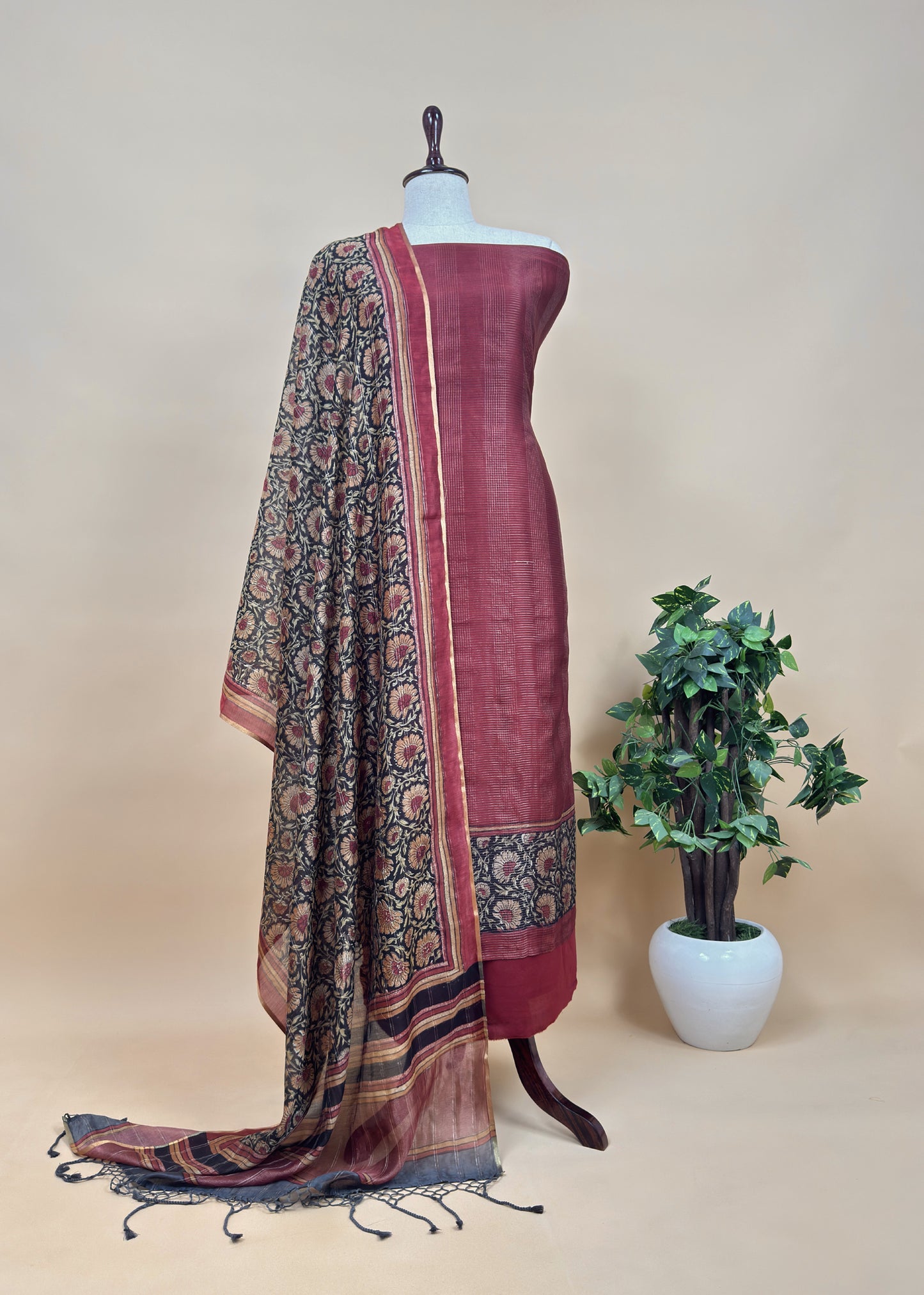 Bottle Green 80gm Chanderi Silk Suit Fabric With Kalamkari Hand Block Printing