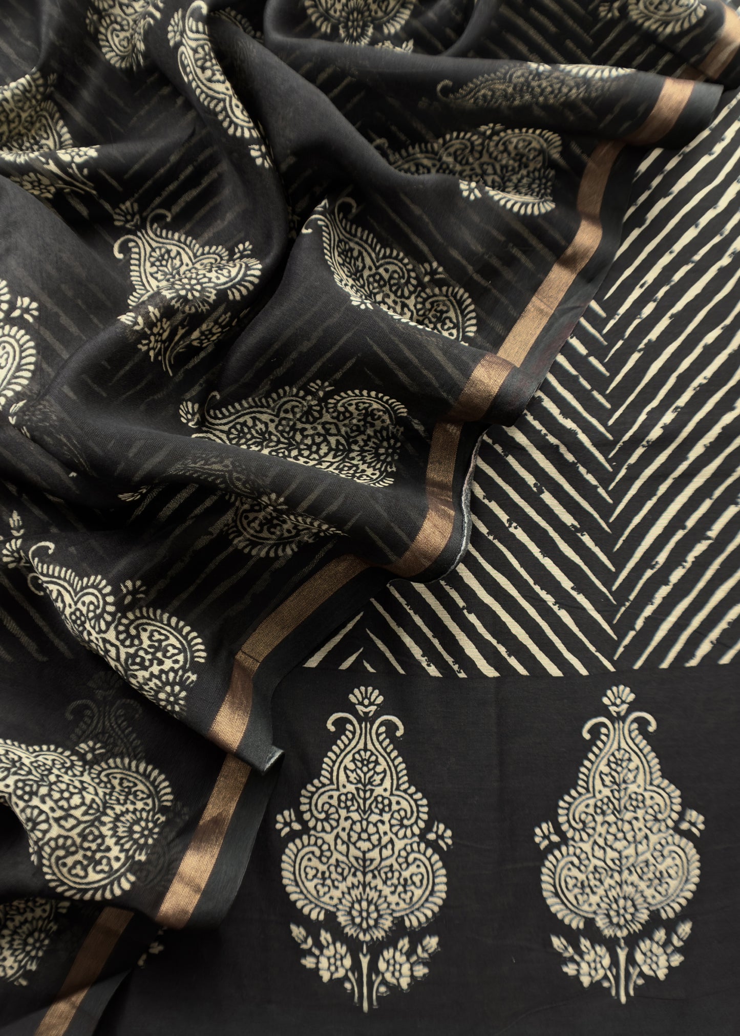 Black Maheshwari Silk Unstitched Suit With Leheriya And Block Print