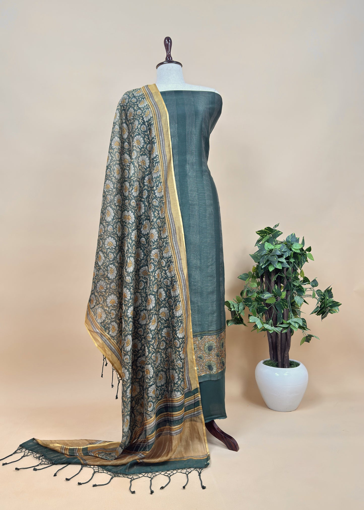 Bottle Green 80gm Chanderi Silk Suit Fabric With Kalamkari Hand Block Printing