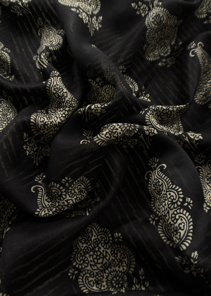 Black Maheshwari Silk Unstitched Suit With Leheriya And Block Print