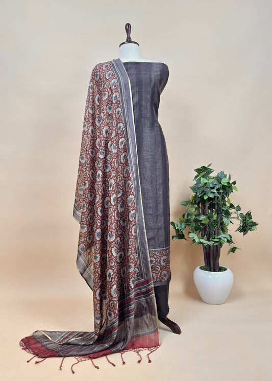 Graphite Black 80gm Chanderi Silk Suit Fabric With Kalamkari Hand Block Printing