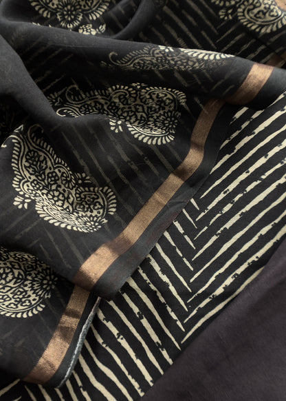 Black Maheshwari Silk Unstitched Suit With Leheriya And Block Print
