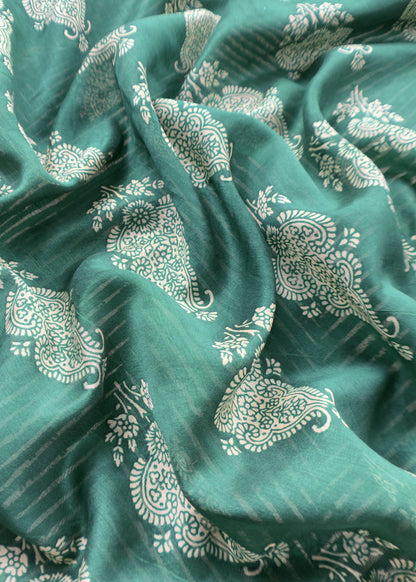 Green Maheshwari Silk Unstitched Suit With Leheriya And Block Print