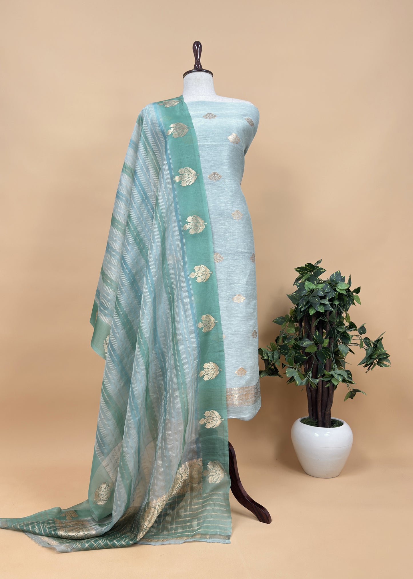 Baby Blue and Turquoise Handloom Linen Silk Kurta And Kora Silk Dupatta With Gold Kadwa Weaving