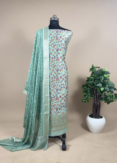 Green Zari-Weaved Kani Unstitched Suit In Maheshwari Silk