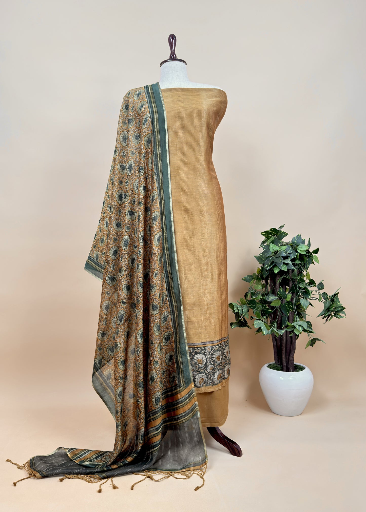 Bottle Green 80gm Chanderi Silk Suit Fabric With Kalamkari Hand Block Printing