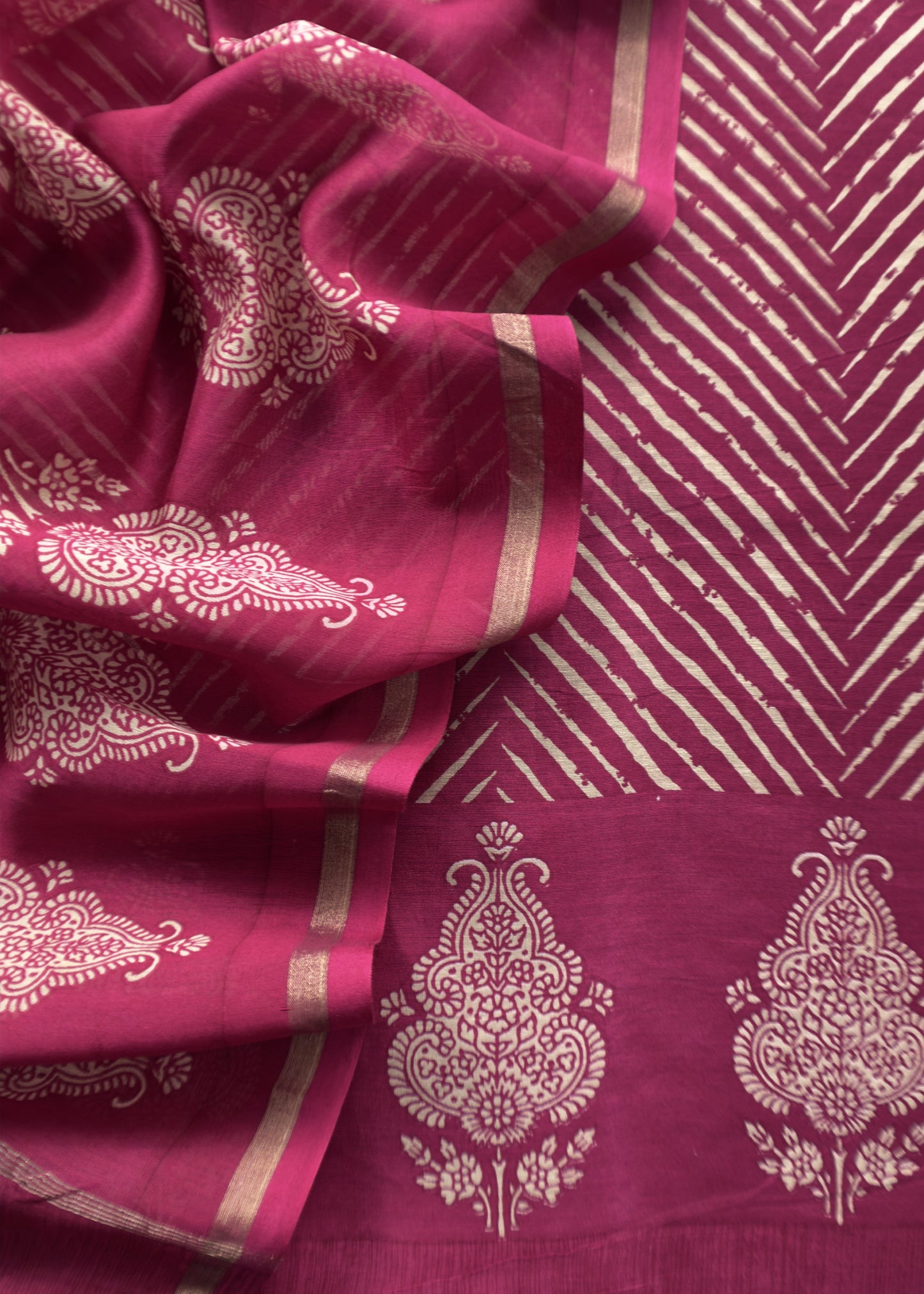 Pink Maheshwari Silk Unstitched Suit With Leheriya And Block Print