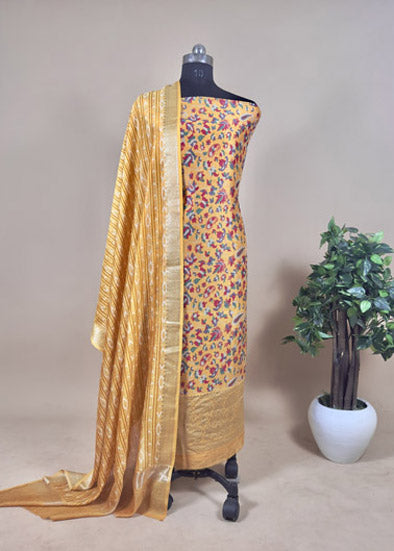 Yellow Zari-Weaved Kani Unstitched Suit In Maheshwari Silk.