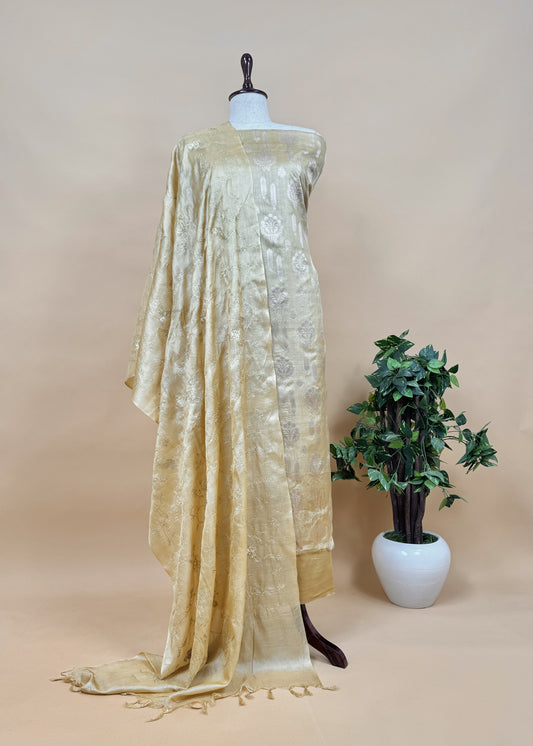 Golden Beige Munga Tussar Suit With Zanarasi Zari Weaving And Pitta Work