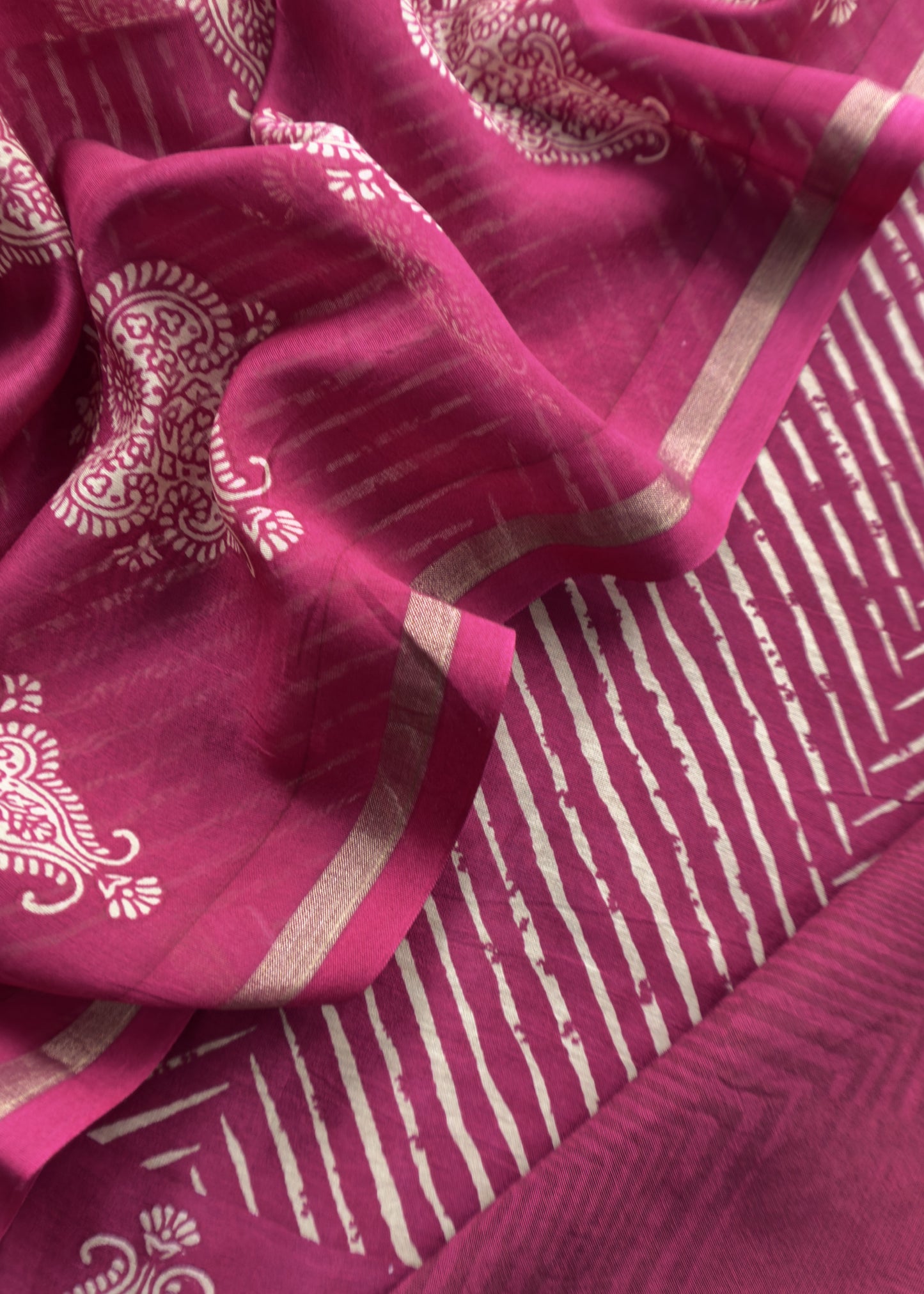 Pink Maheshwari Silk Unstitched Suit With Leheriya And Block Print
