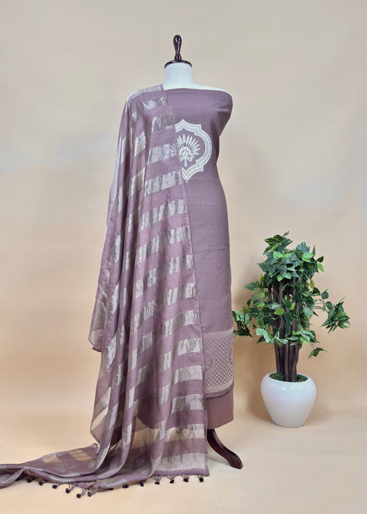 Brown Pure Banarasi Silk Suit With Zari Weaving