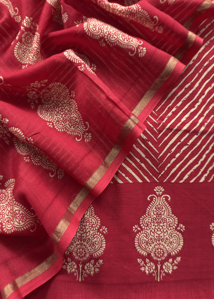 Red Maheshwari Silk Unstitched Suit With Leheriya And Block Print