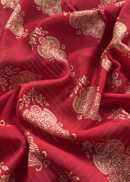 Red Maheshwari Silk Unstitched Suit With Leheriya And Block Print