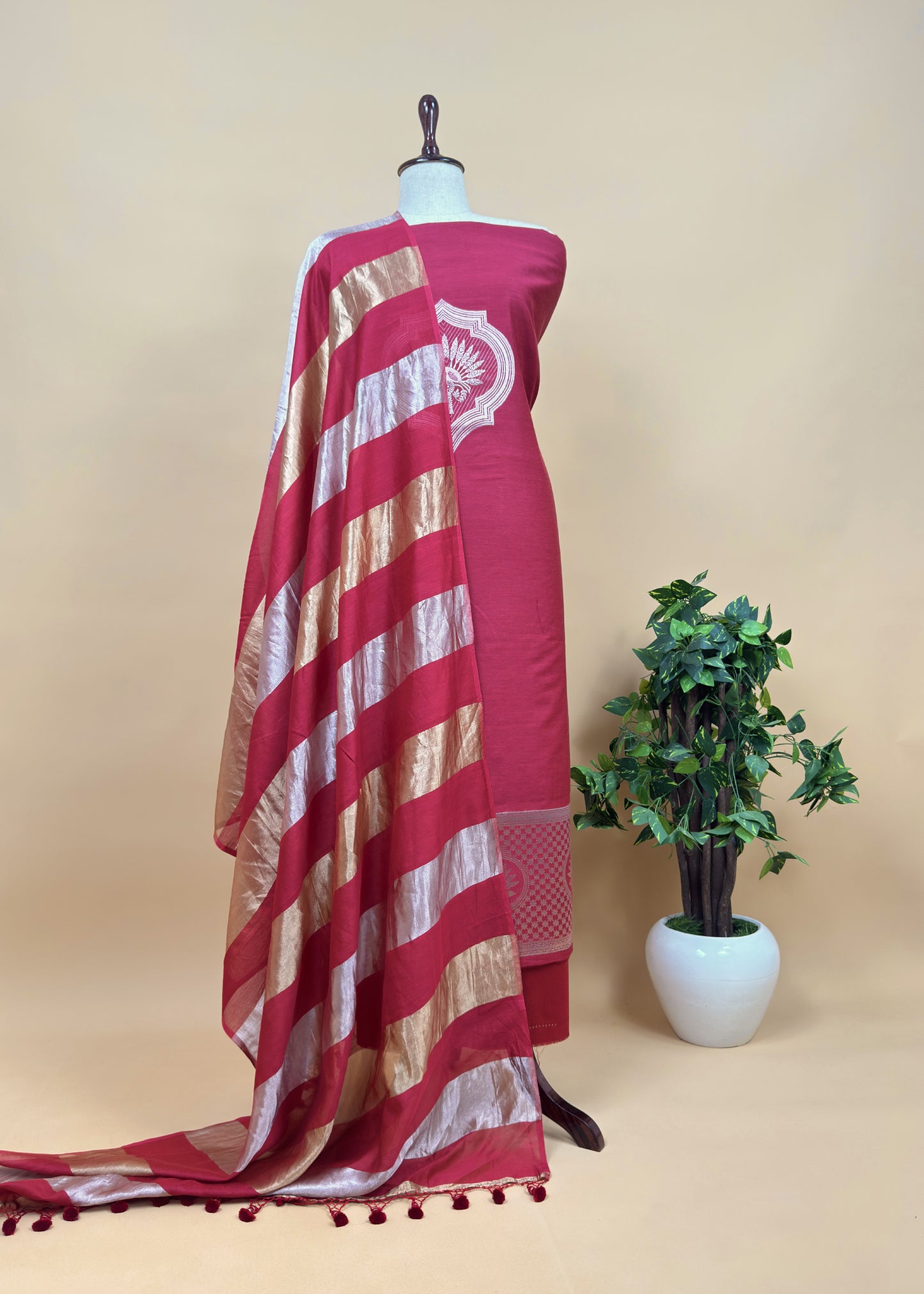 Red Pure Banarasi Silk Suit With Zari Weaving