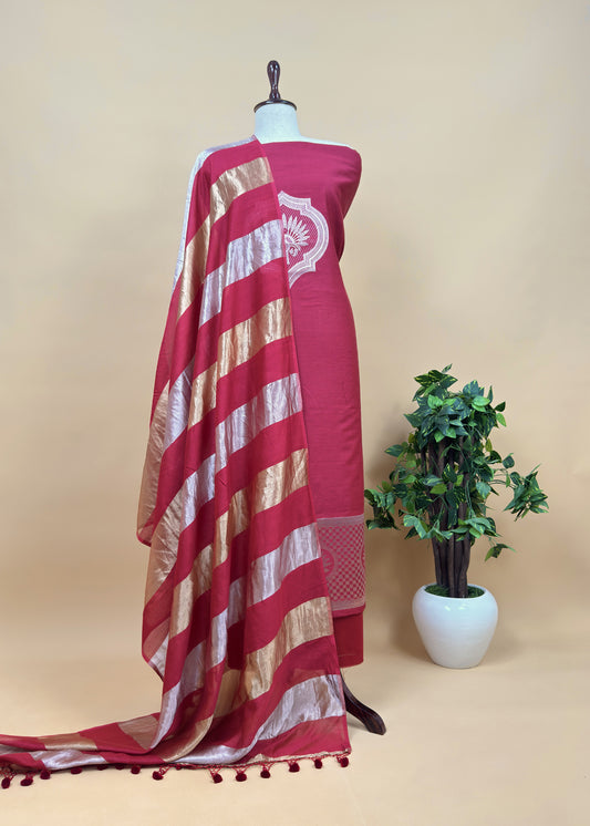 Red Pure Banarasi Silk Suit With Zari Weaving