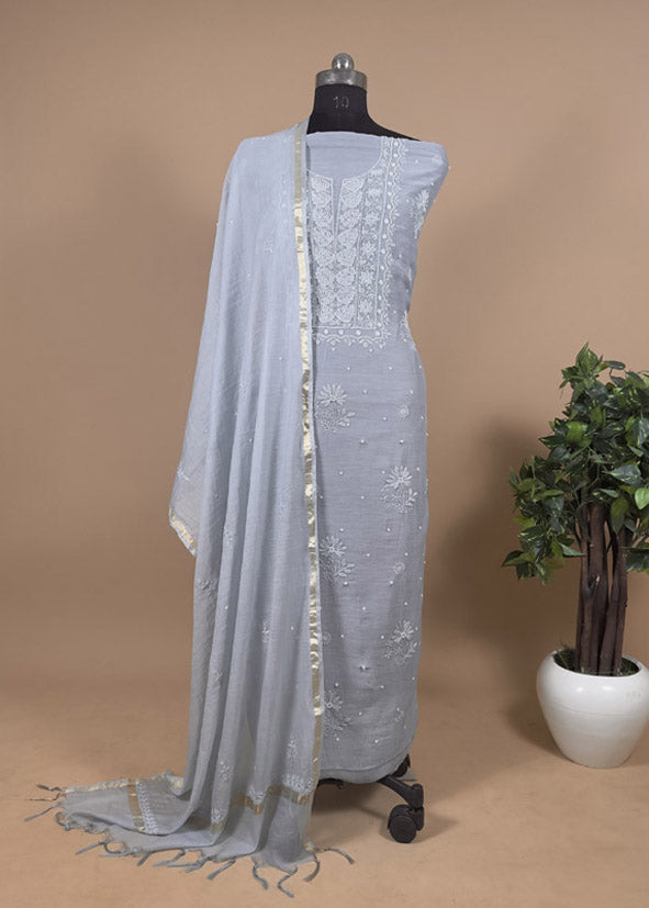 Greyish Blue Unstitched Lakhnavi Suit With Dupatta