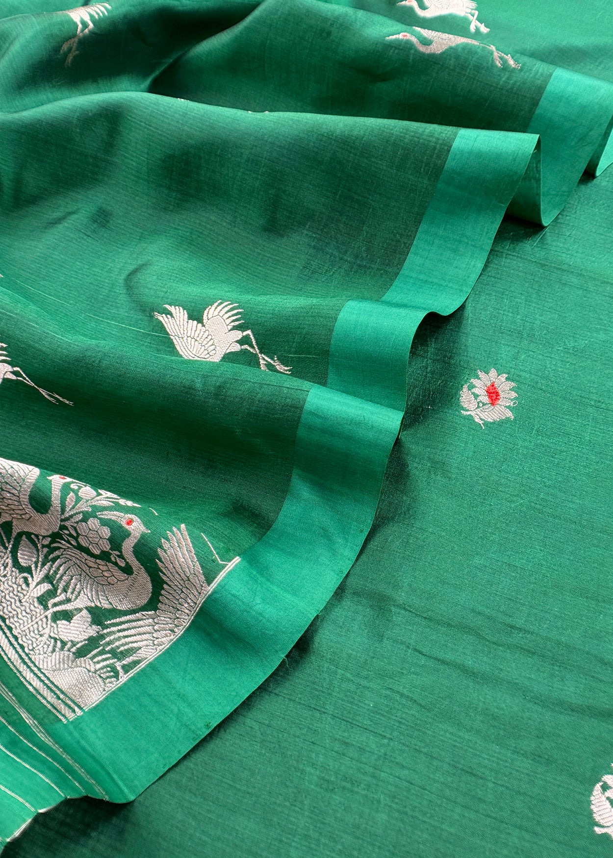 Green Chidiya Handloom Katan Silk Suit Fabric