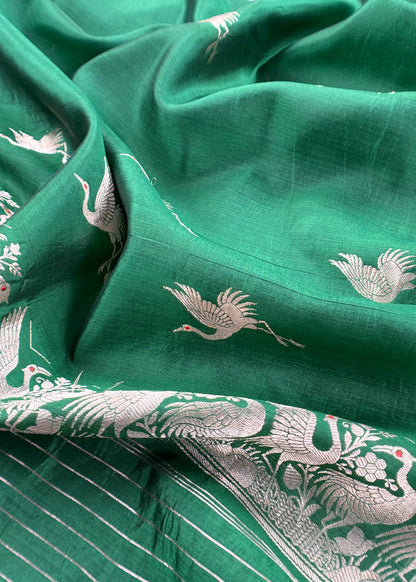 Green Chidiya Handloom Katan Silk Suit Fabric