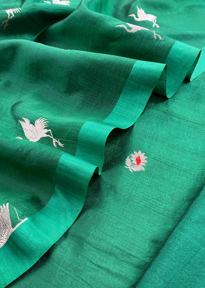 Green Chidiya Handloom Katan Silk Suit Fabric