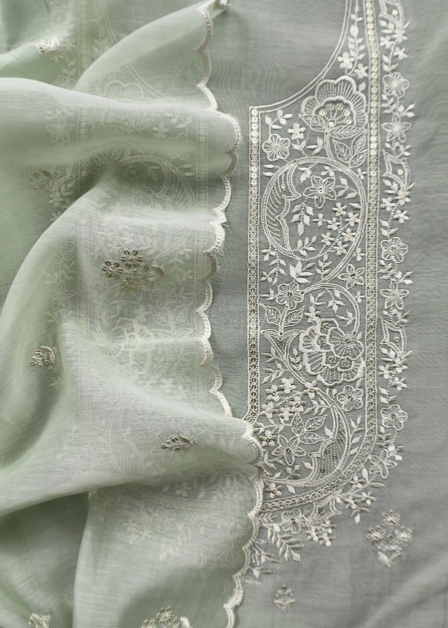 Ash Grey Pure Mul Chanderi Suit With Resham Embroidery