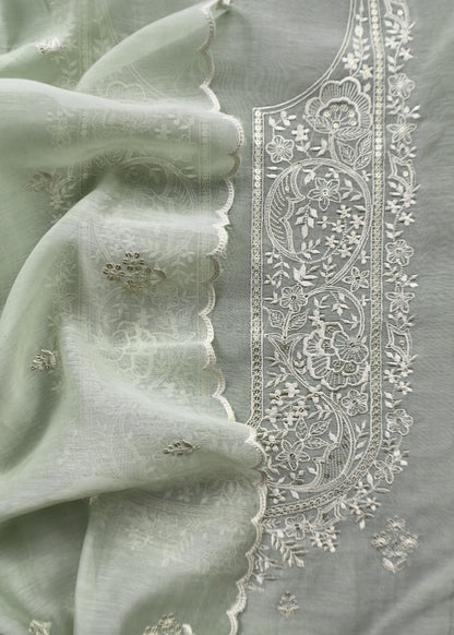 Ash Grey Pure Mul Chanderi Suit With Resham Embroidery