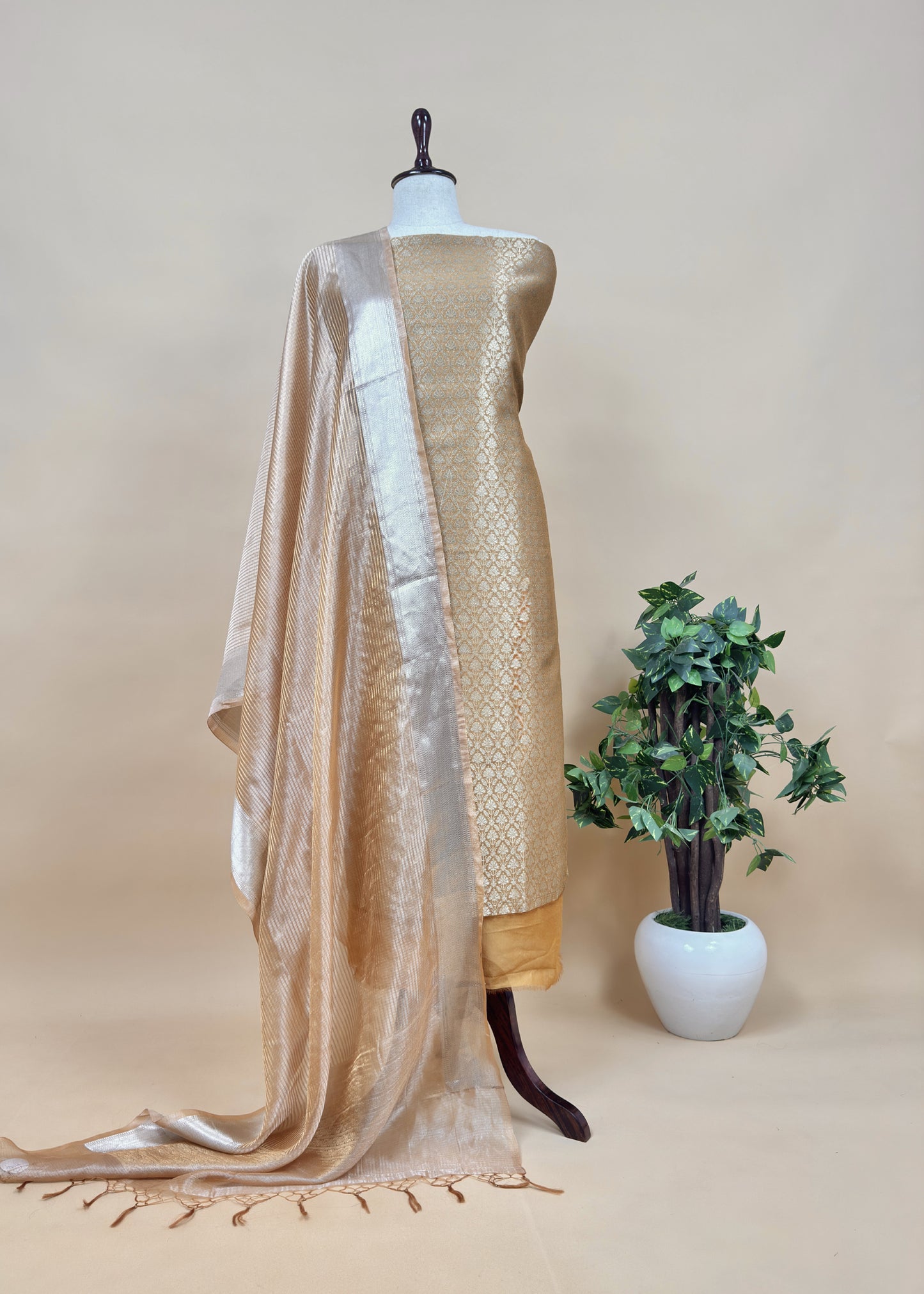 Mustard Ochre Designer Pure Brocade silk kurta And Tissue Silk Dupatta