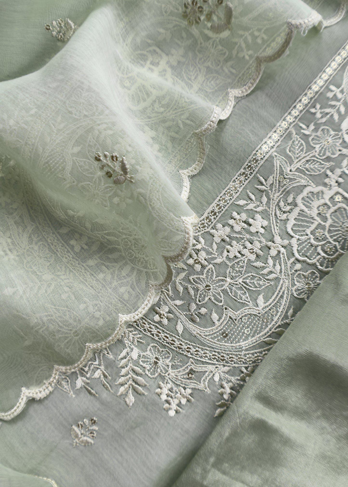 Ash Grey Pure Mul Chanderi Suit With Resham Embroidery